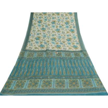 Sanskriti Vintage Sarees Ivory & Blue Pure Cotton Printed Sari 5+yd Craft Fabric