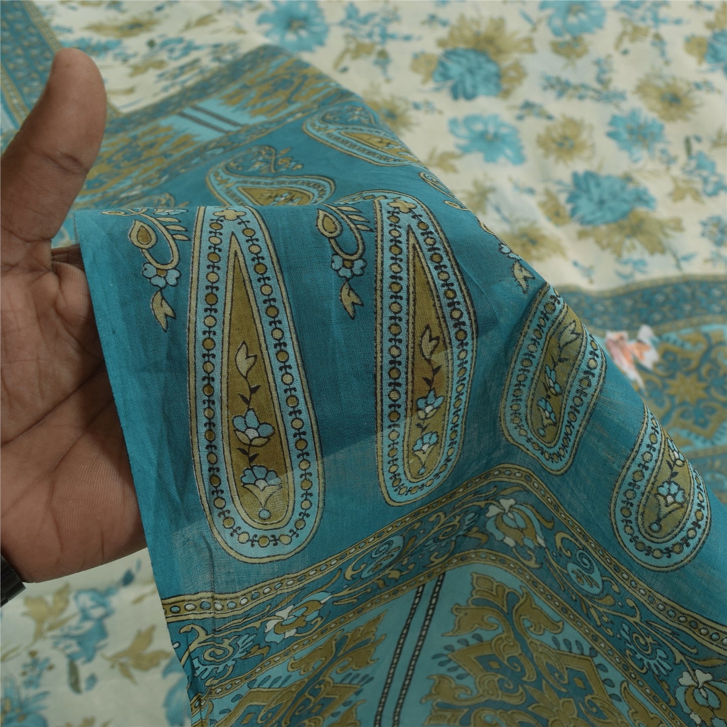 Sanskriti Vintage Sarees Ivory & Blue Pure Cotton Printed Sari 5+yd Craft Fabric