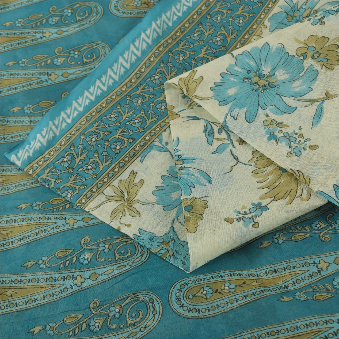 Sanskriti Vintage Sarees Ivory & Blue Pure Cotton Printed Sari 5+yd Craft Fabric