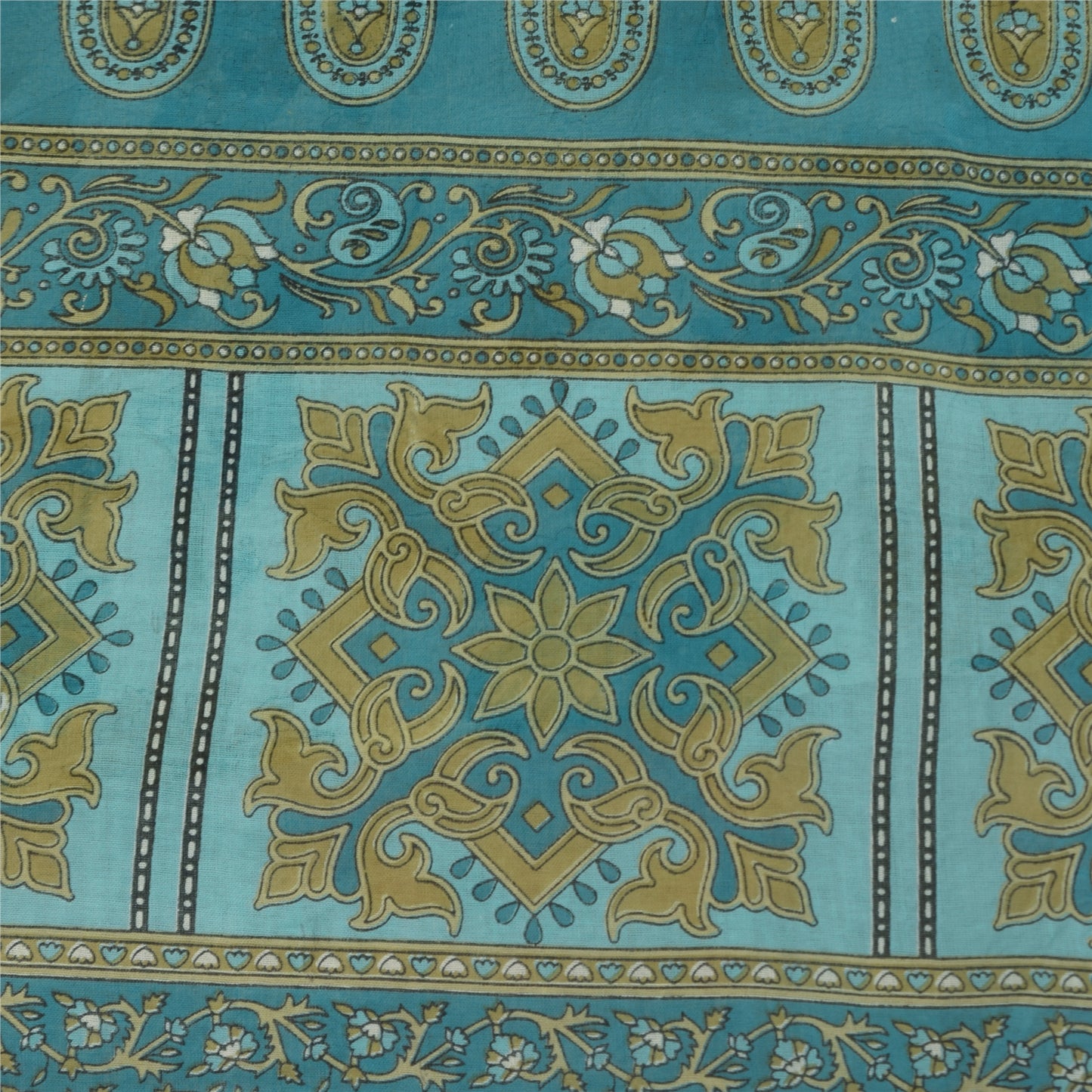 Sanskriti Vintage Sarees Ivory & Blue Pure Cotton Printed Sari 5+yd Craft Fabric