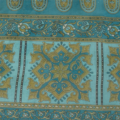 Sanskriti Vintage Sarees Ivory & Blue Pure Cotton Printed Sari 5+yd Craft Fabric