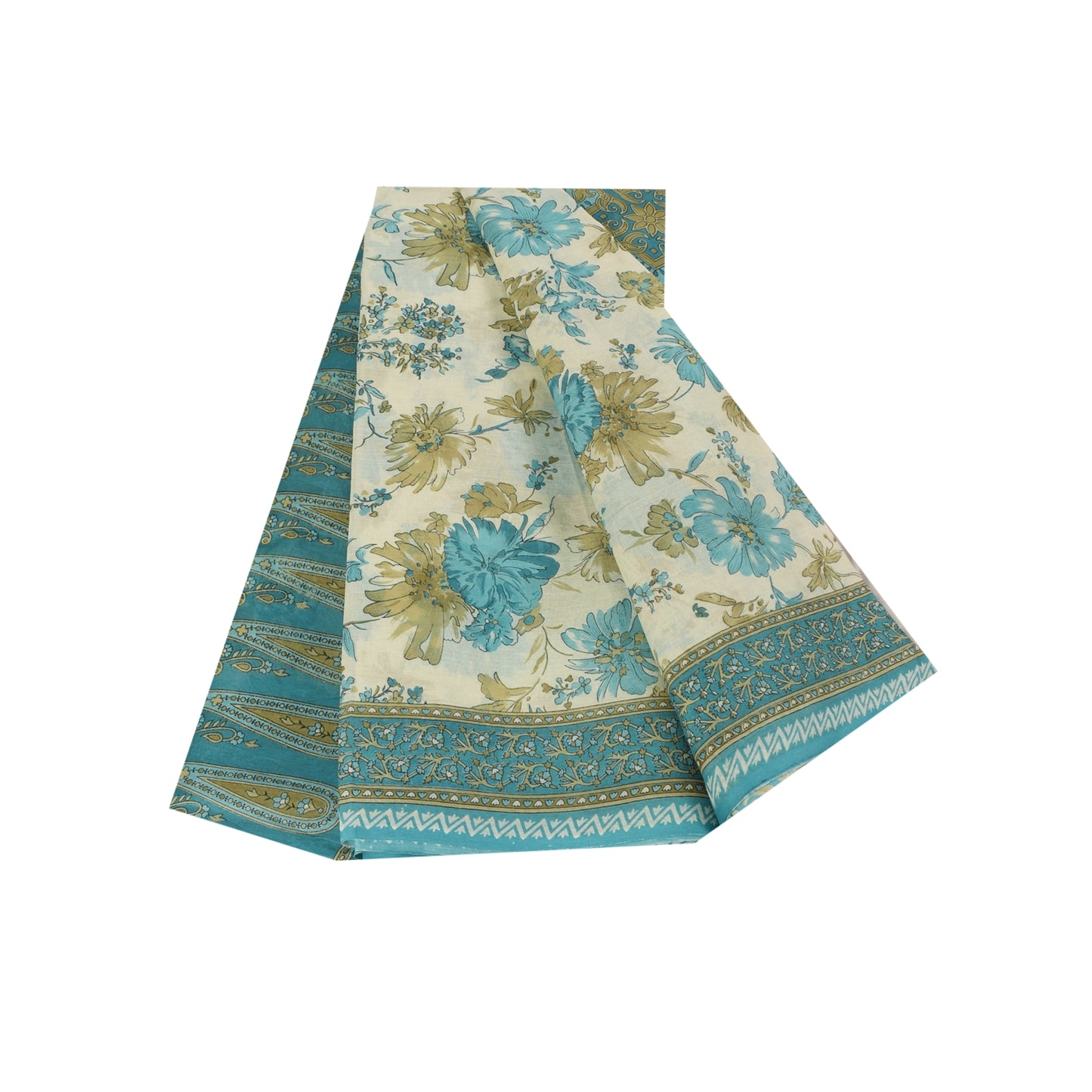 Sanskriti Vintage Sarees Ivory & Blue Pure Cotton Printed Sari 5+yd Craft Fabric