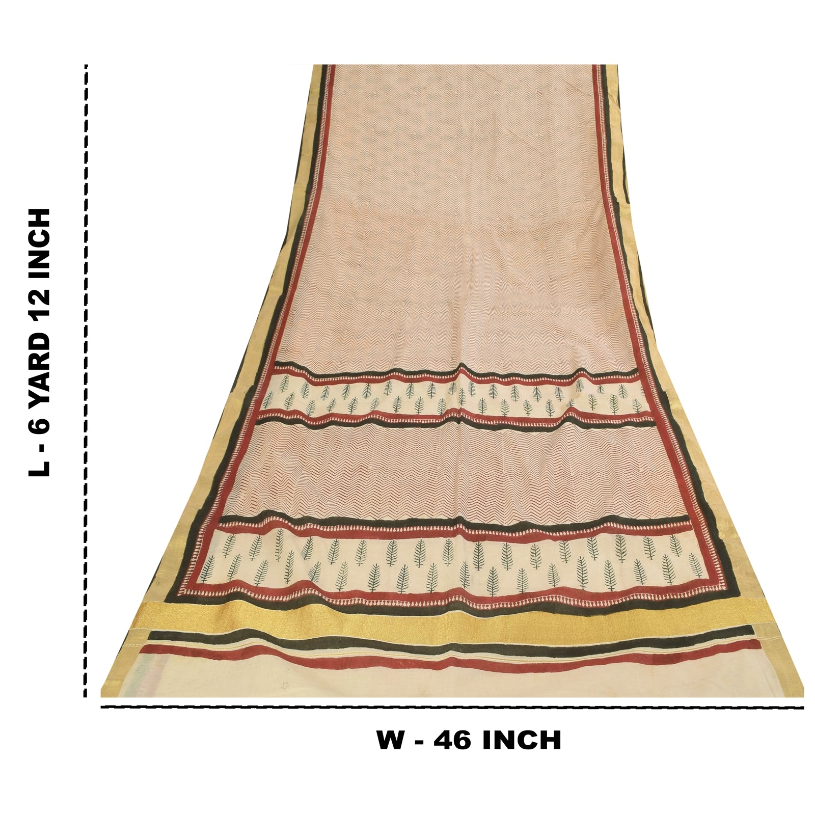 Sanskriti Vintage Sarees Ivory Hand Block Printed Pure Cotton Sari 6 Yard Fabric