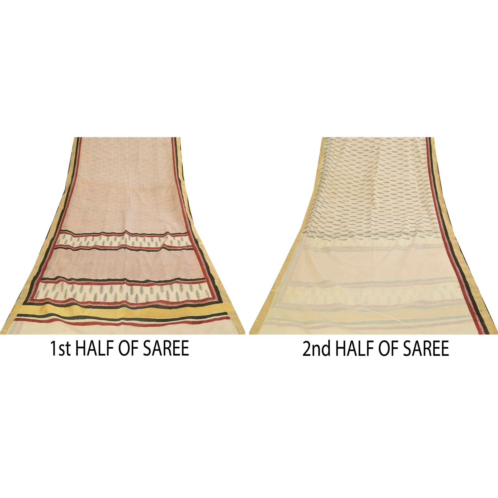 Sanskriti Vintage Sarees Ivory Hand Block Printed Pure Cotton Sari 6 Yard Fabric