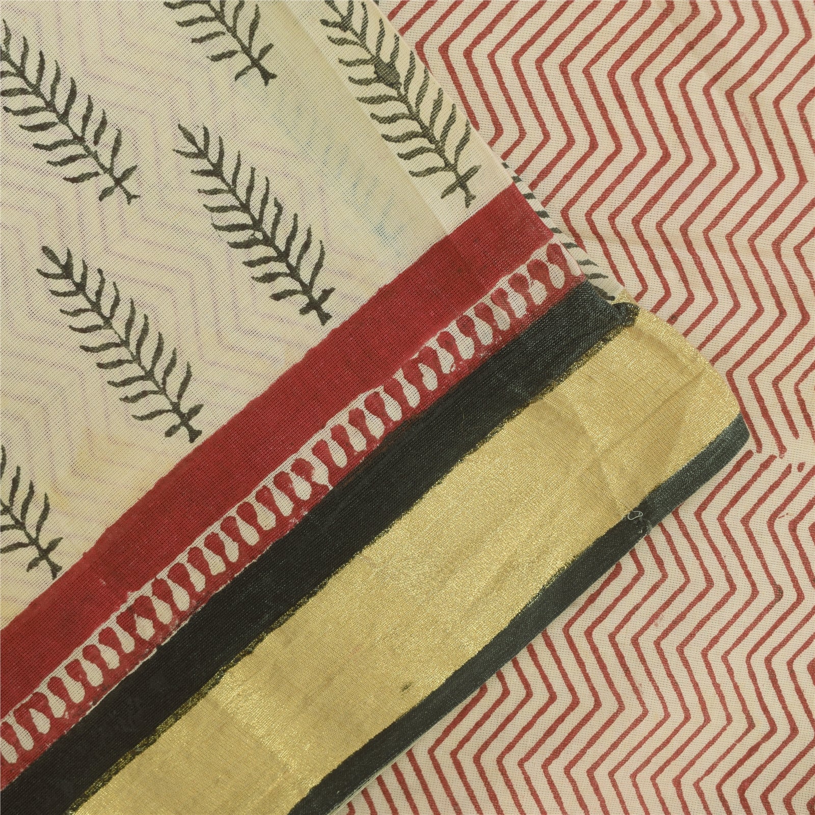 Sanskriti Vintage Sarees Ivory Hand Block Printed Pure Cotton Sari 6 Yard Fabric