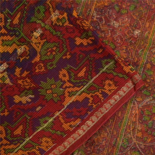 Sanskriti Vintage Sarees Orange Pure Cotton Printed Kota Woven Sari 5+yd Fabric
