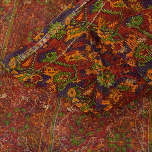 Sanskriti Vintage Sarees Orange Pure Cotton Printed Kota Woven Sari 5+yd Fabric