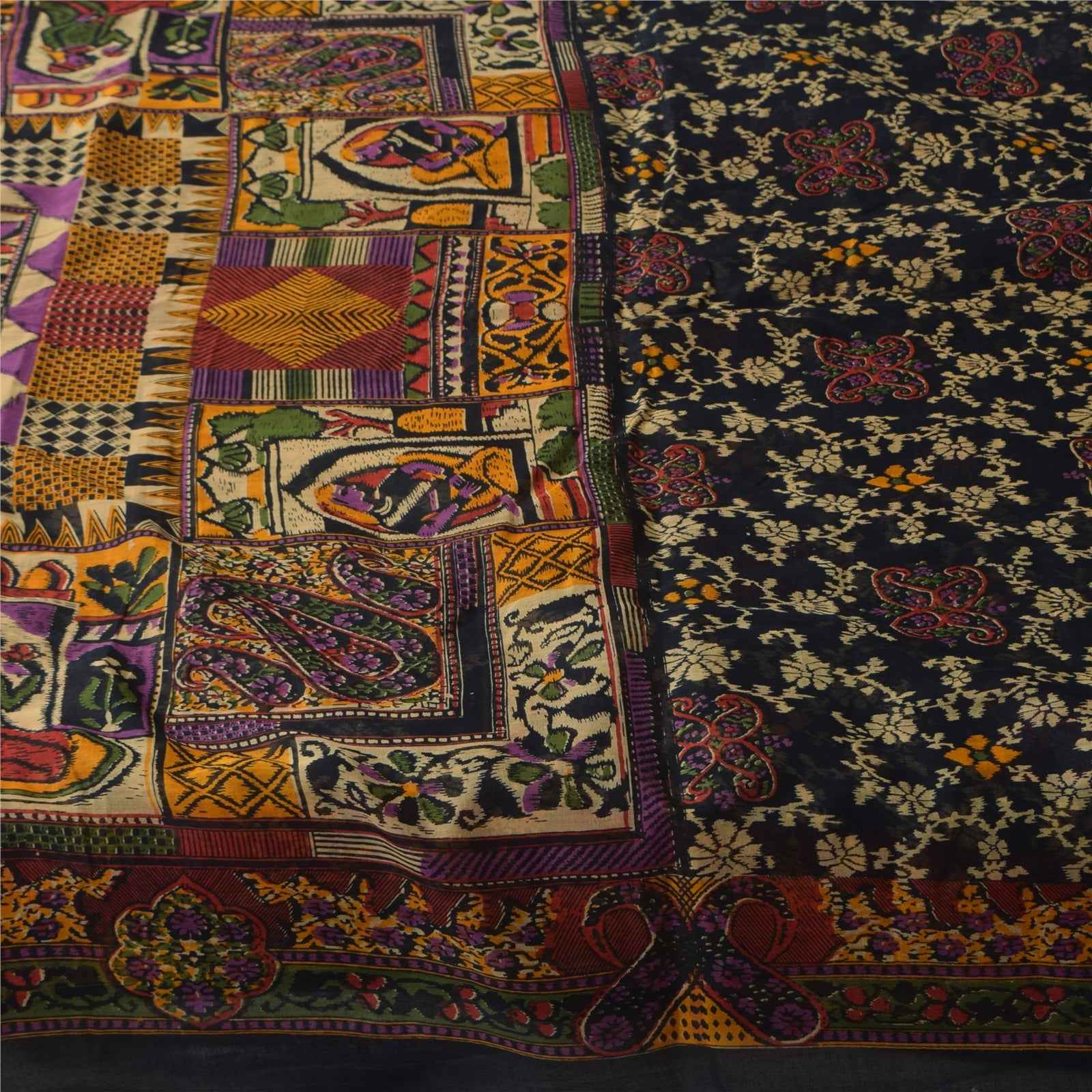 Sanskriti Vintage Sarees Indian Black Pure Cotton Printed Sari 5+yd Craft Fabric