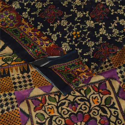 Sanskriti Vintage Sarees Indian Black Pure Cotton Printed Sari 5+yd Craft Fabric