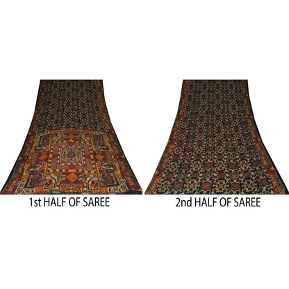 Sanskriti Vintage Sarees Indian Black Pure Cotton Printed Sari 5+yd Craft Fabric