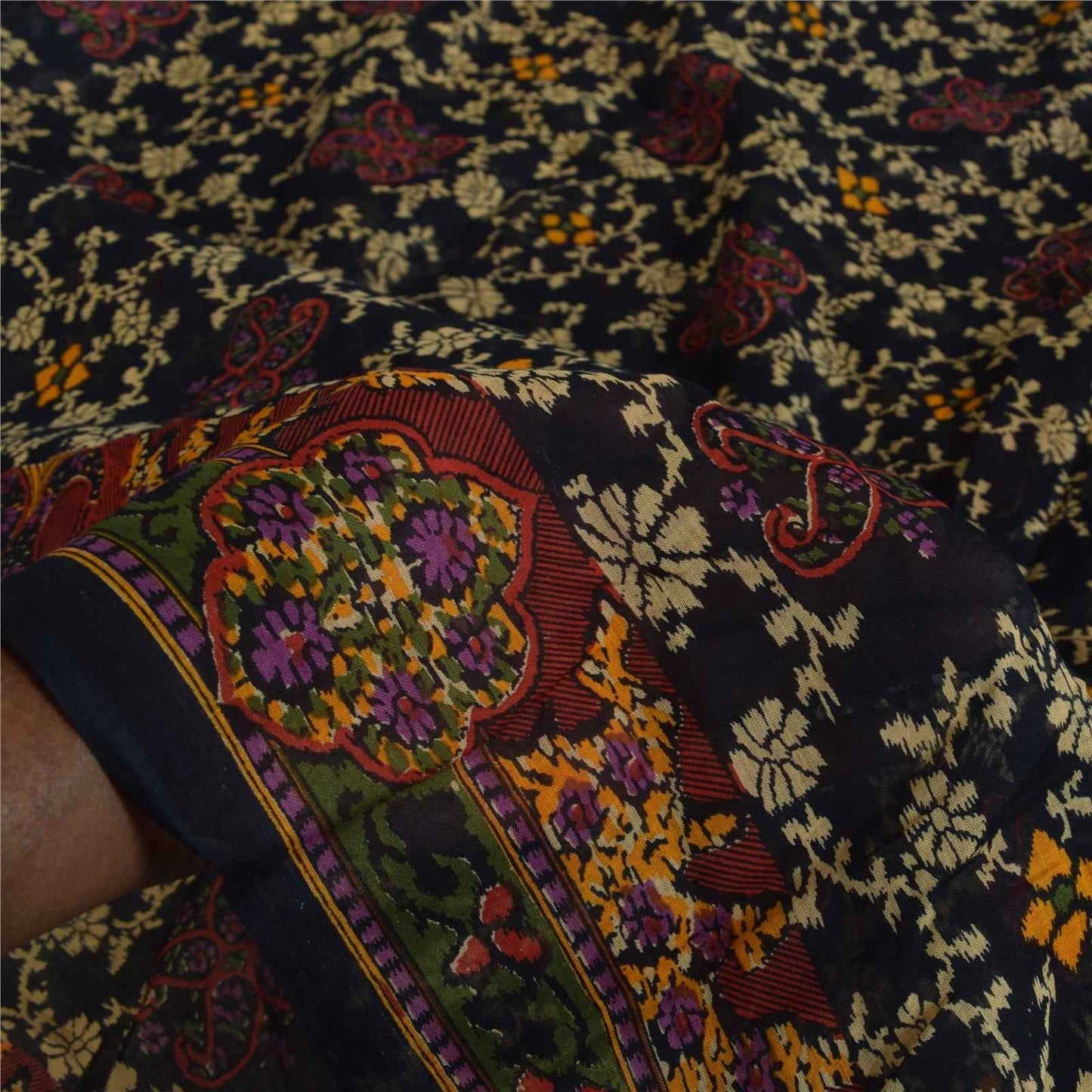 Sanskriti Vintage Sarees Indian Black Pure Cotton Printed Sari 5+yd Craft Fabric