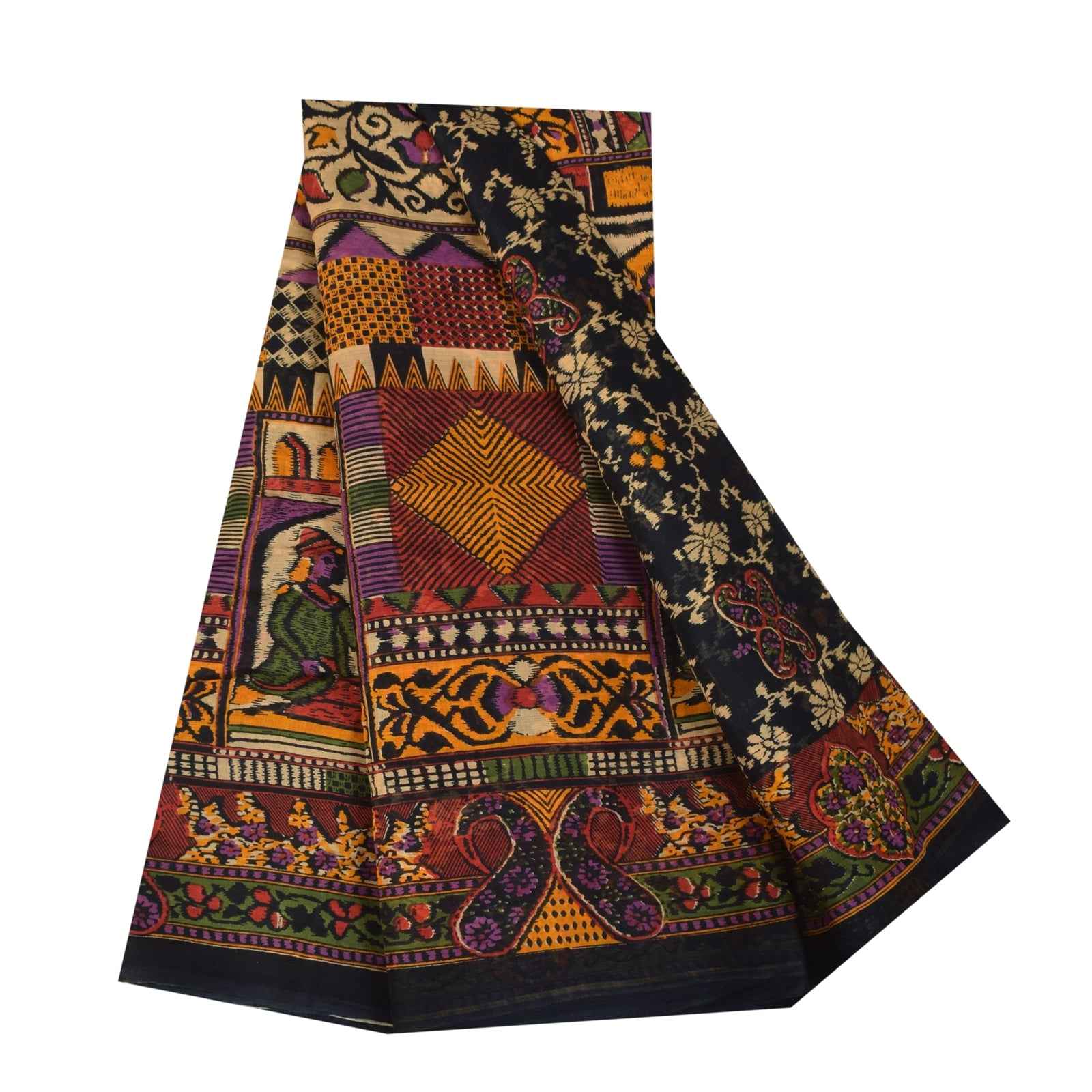 Sanskriti Vintage Sarees Indian Black Pure Cotton Printed Sari 5+yd Craft Fabric