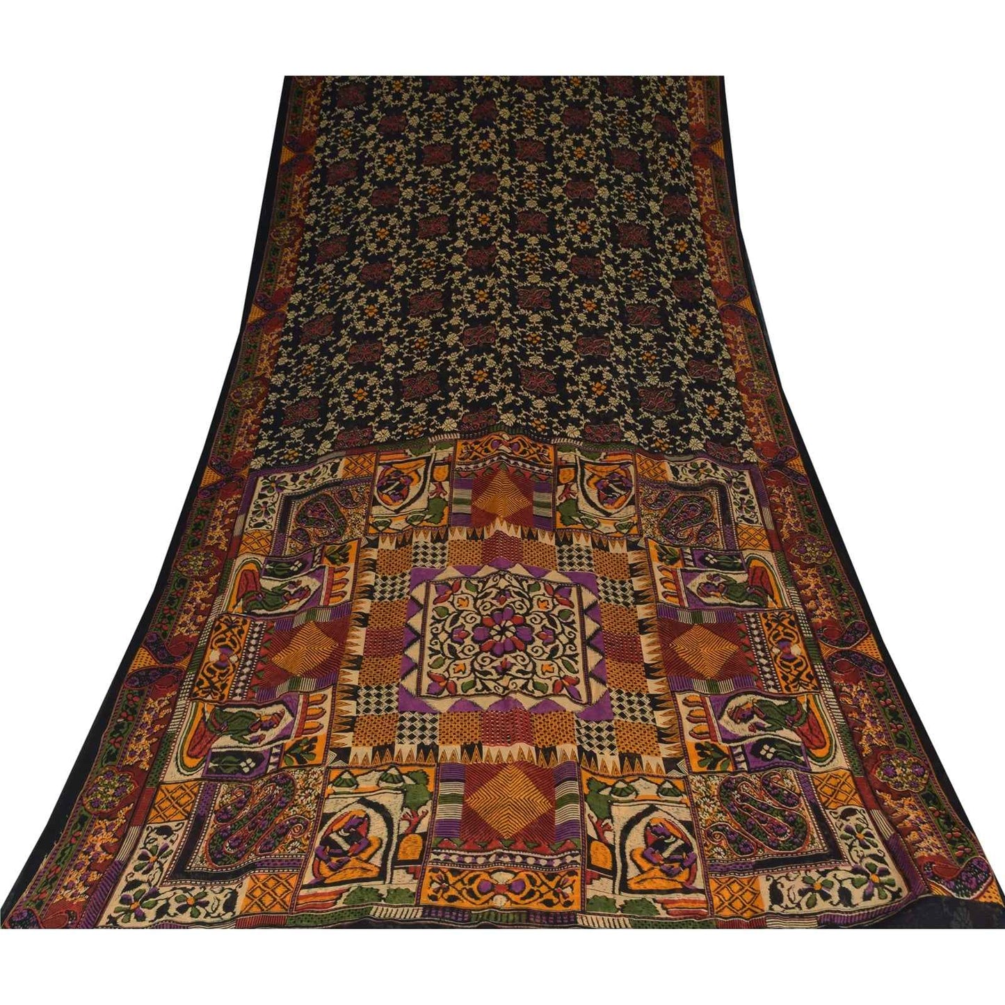 Sanskriti Vintage Sarees Indian Black Pure Cotton Printed Sari 5+yd Craft Fabric