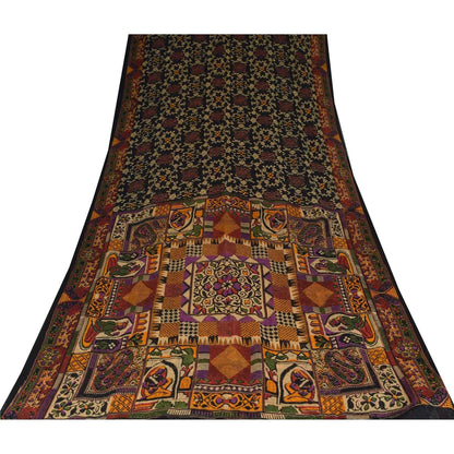 Sanskriti Vintage Sarees Indian Black Pure Cotton Printed Sari 5+yd Craft Fabric