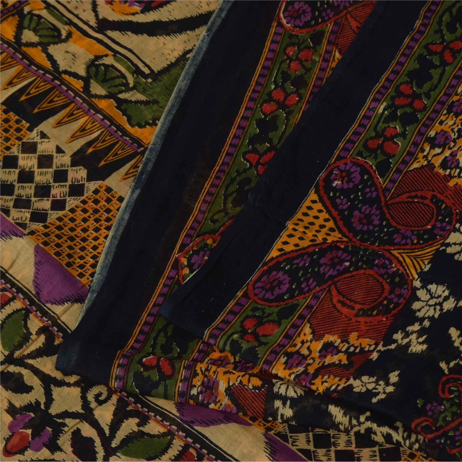 Sanskriti Vintage Sarees Indian Black Pure Cotton Printed Sari 5+yd Craft Fabric