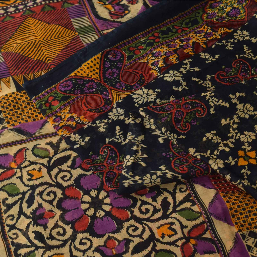 Sanskriti Vintage Sarees Indian Black Pure Cotton Printed Sari 5+yd Craft Fabric