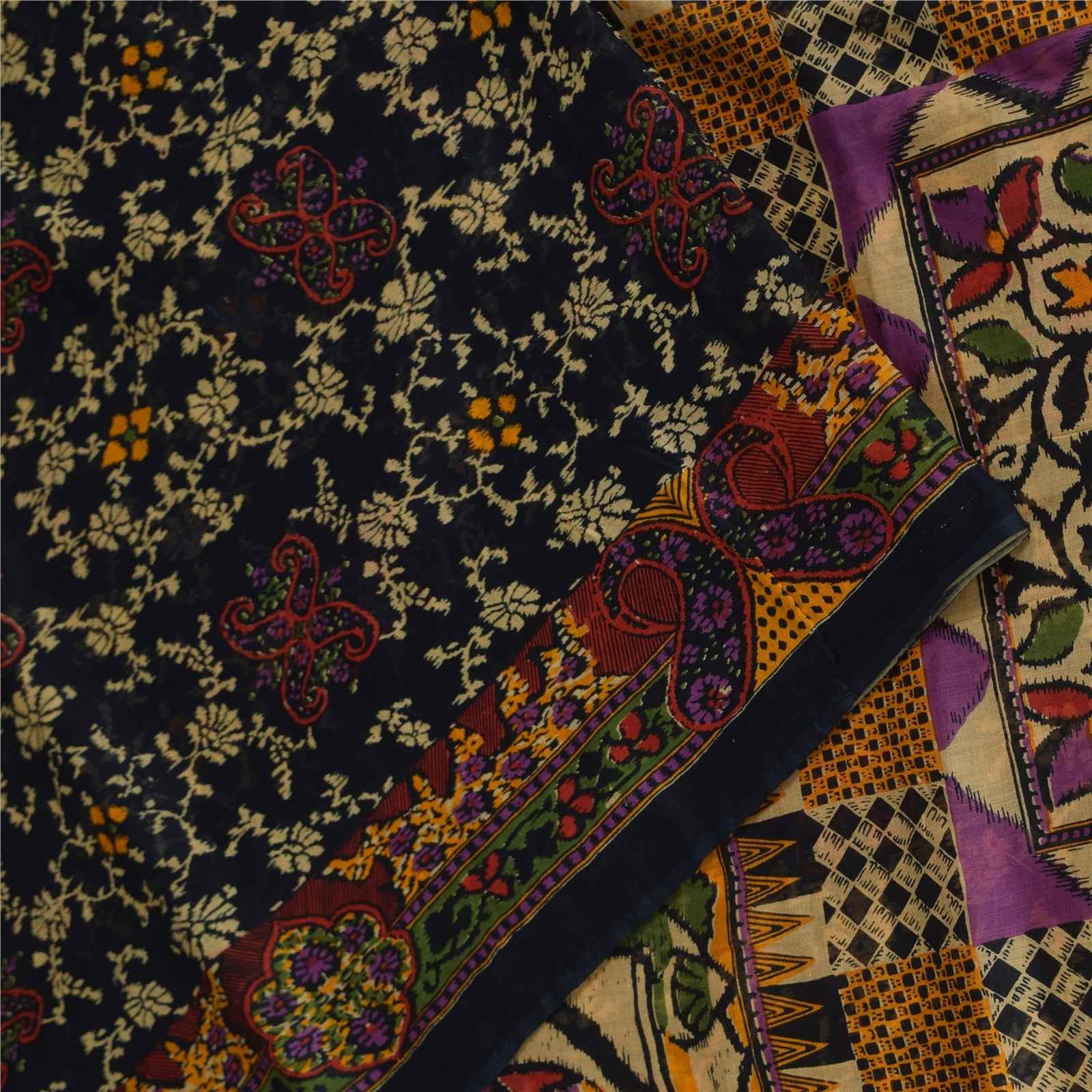 Sanskriti Vintage Sarees Indian Black Pure Cotton Printed Sari 5+yd Craft Fabric