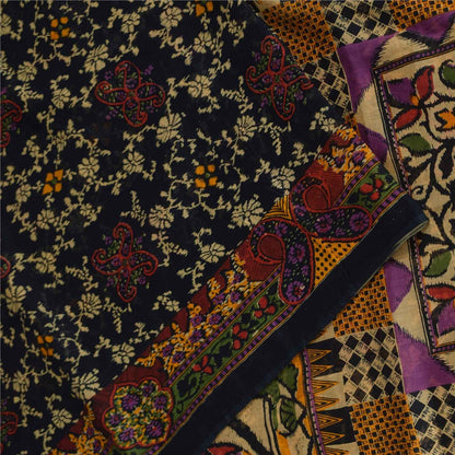 Sanskriti Vintage Sarees Indian Black Pure Cotton Printed Sari 5+yd Craft Fabric