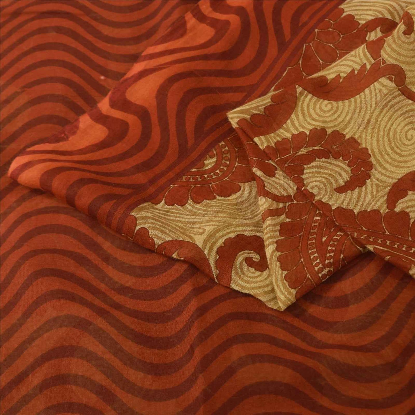 Sanskriti Vintage Sarees Cream & Orange Pure Cotton Print Sari 5+yd Craft Fabric