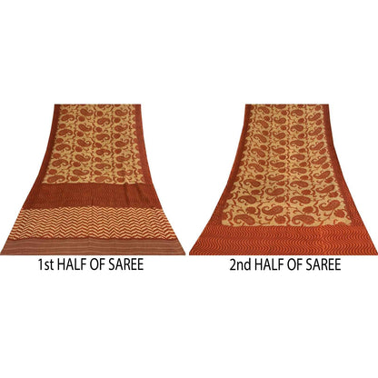 Sanskriti Vintage Sarees Cream & Orange Pure Cotton Print Sari 5+yd Craft Fabric