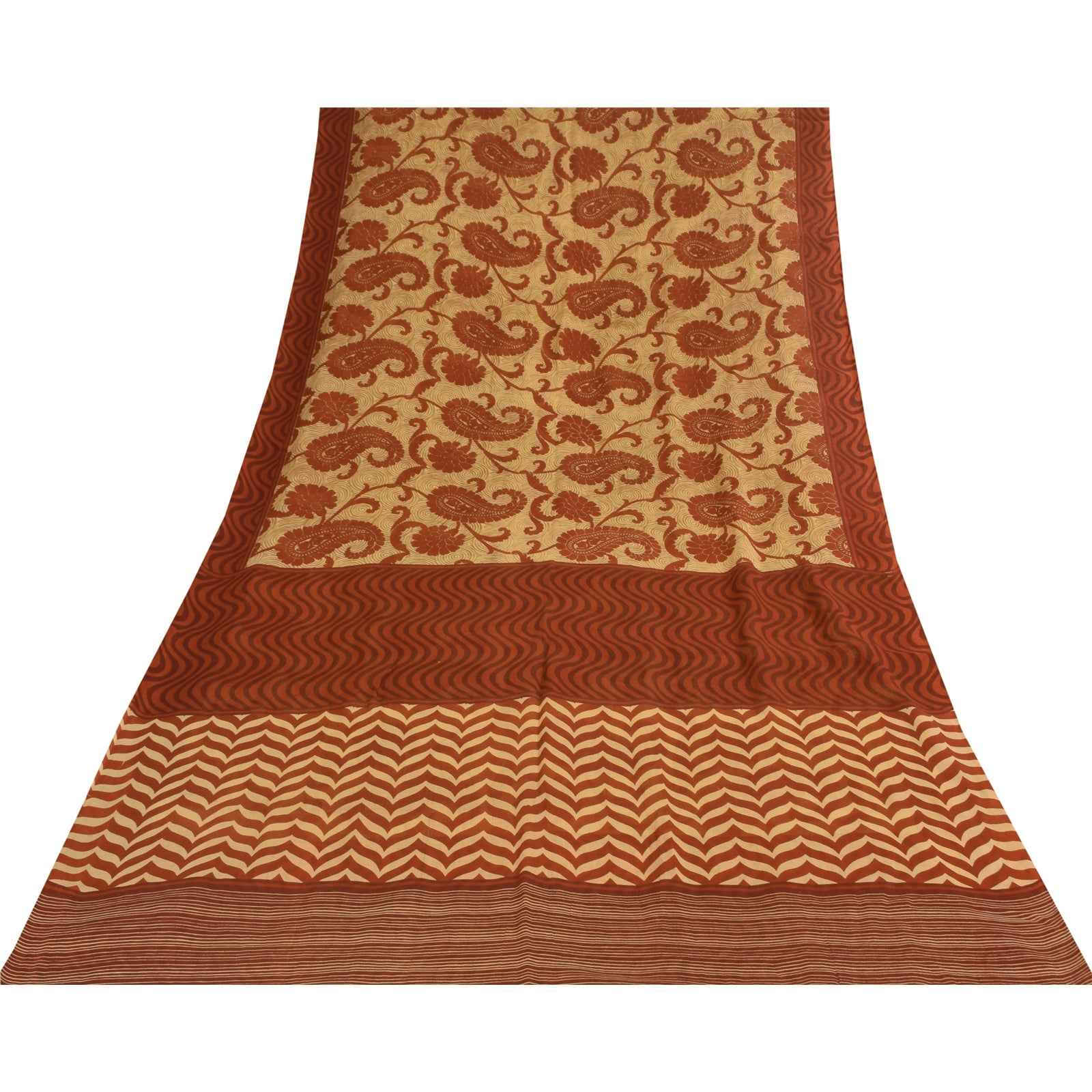 Sanskriti Vintage Sarees Cream & Orange Pure Cotton Print Sari 5+yd Craft Fabric