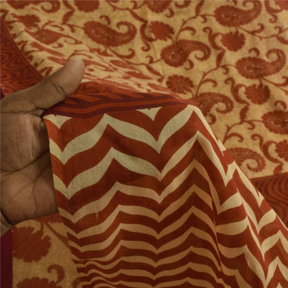 Sanskriti Vintage Sarees Cream & Orange Pure Cotton Print Sari 5+yd Craft Fabric