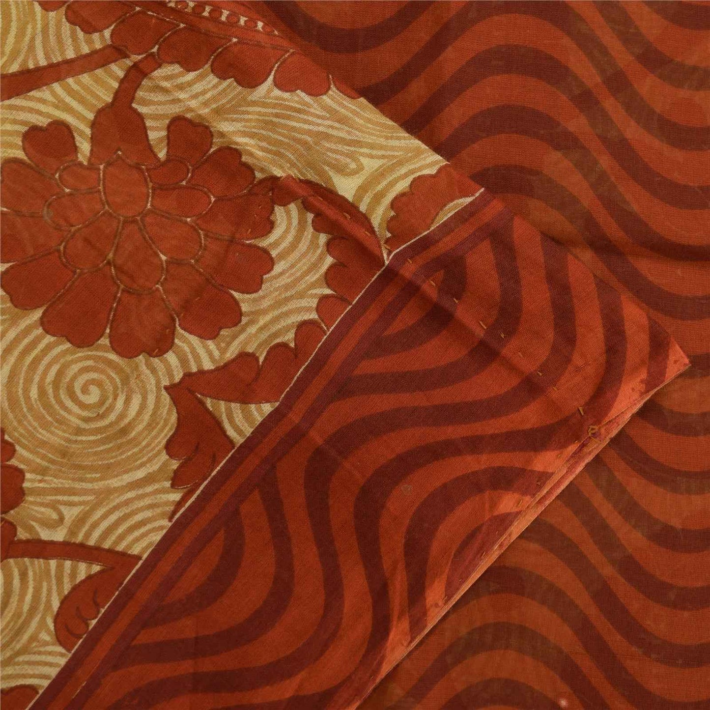 Sanskriti Vintage Sarees Cream & Orange Pure Cotton Print Sari 5+yd Craft Fabric