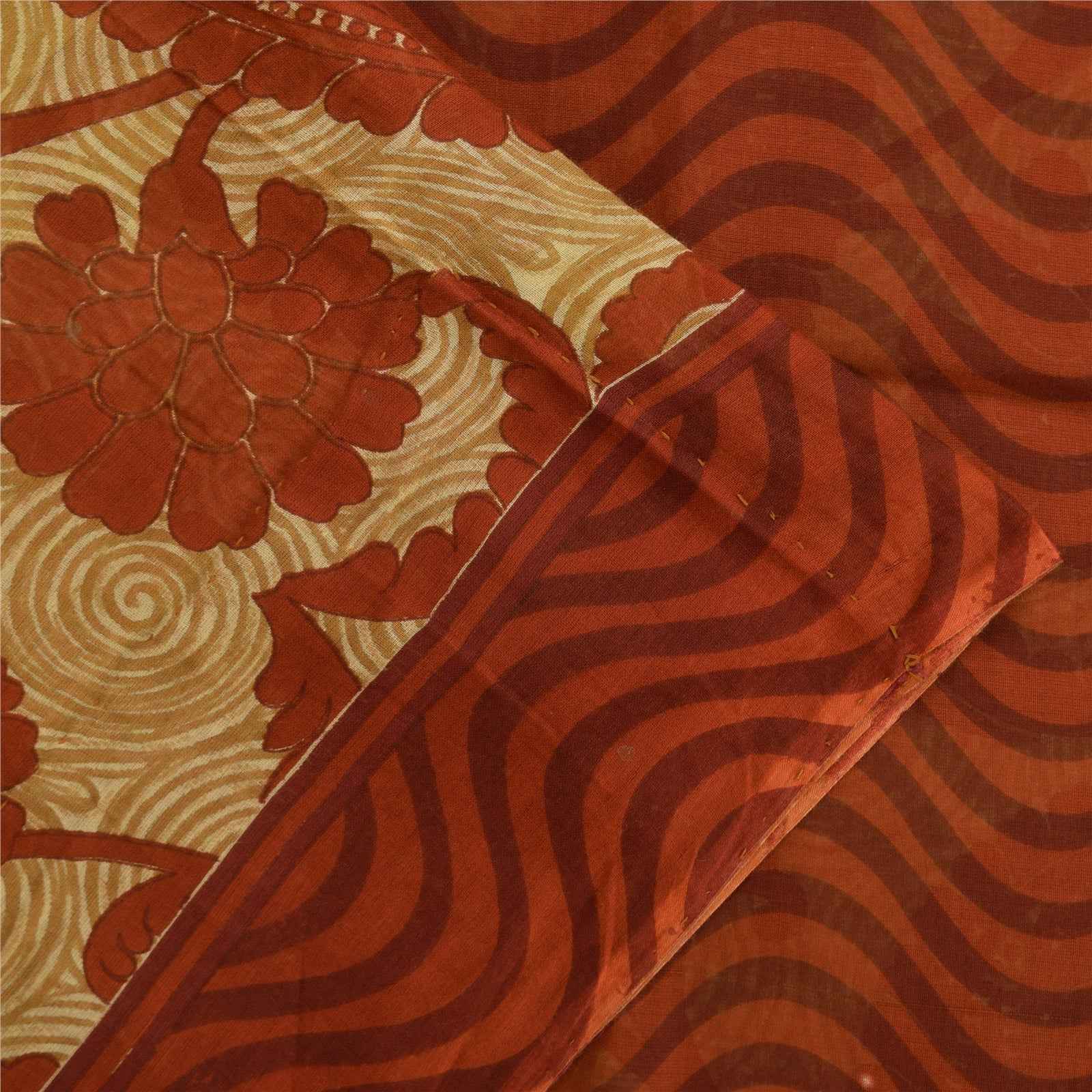 Sanskriti Vintage Sarees Cream & Orange Pure Cotton Print Sari 5+yd Craft Fabric