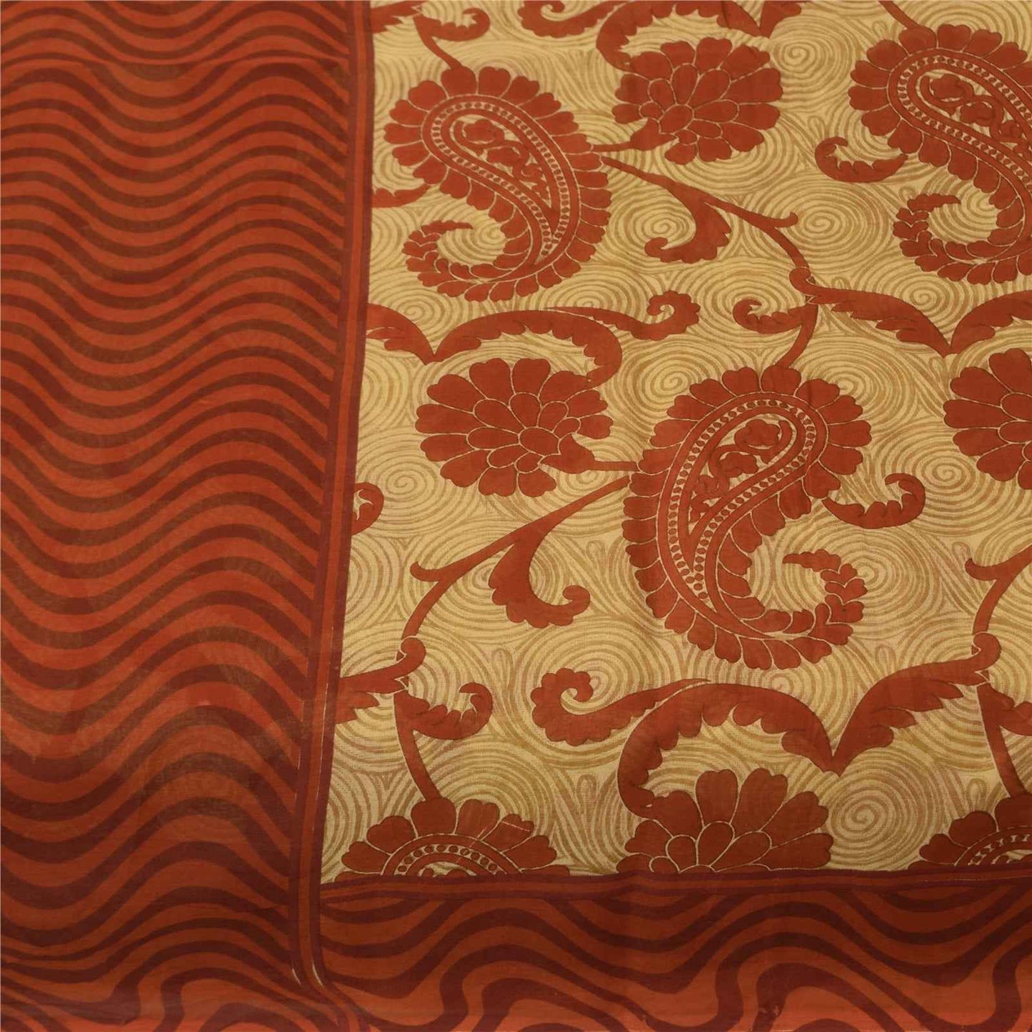 Sanskriti Vintage Sarees Cream & Orange Pure Cotton Print Sari 5+yd Craft Fabric