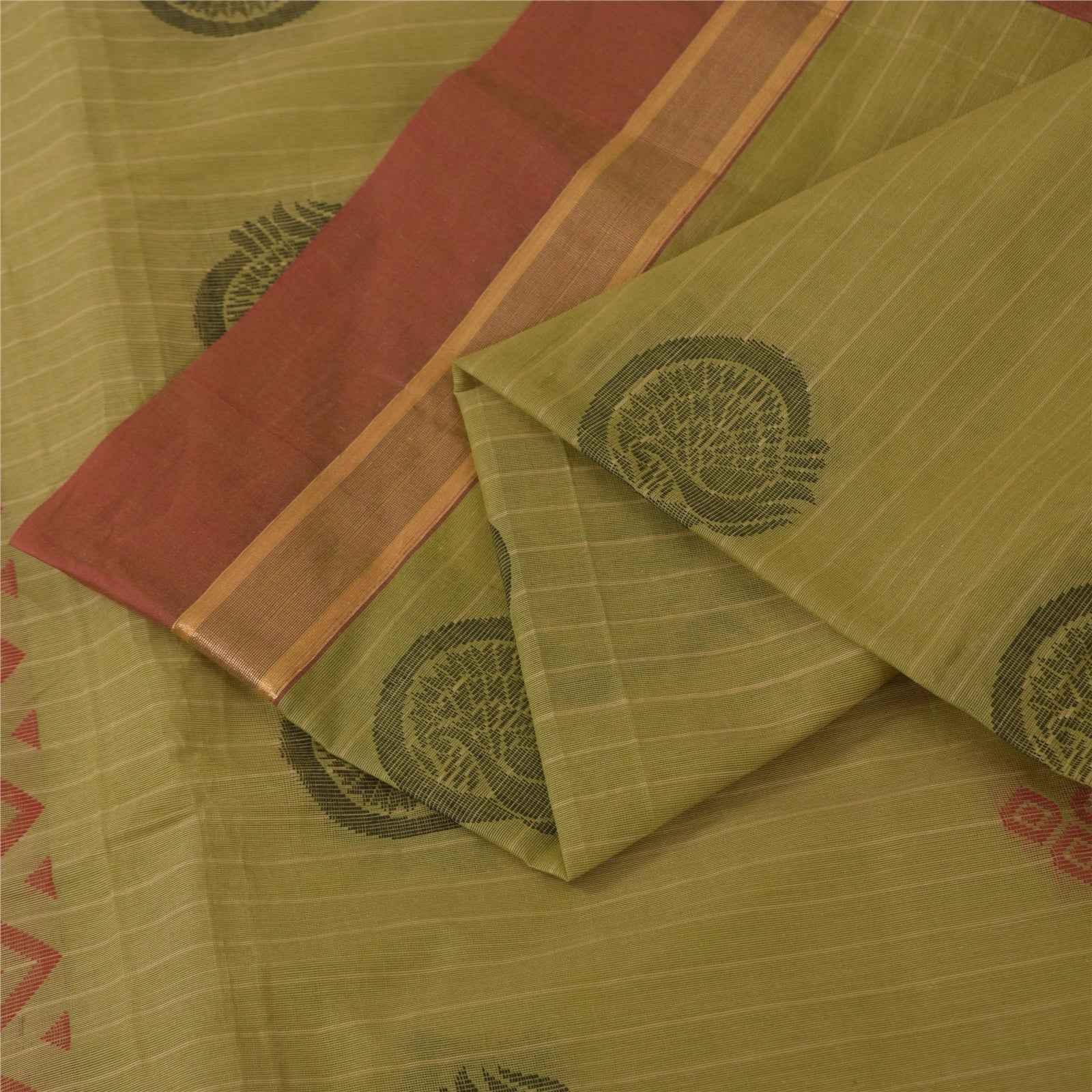 Sanskriti Vintage Sarees Green Pure Cotton Peacock Woven Sari 5+yd Craft Fabric