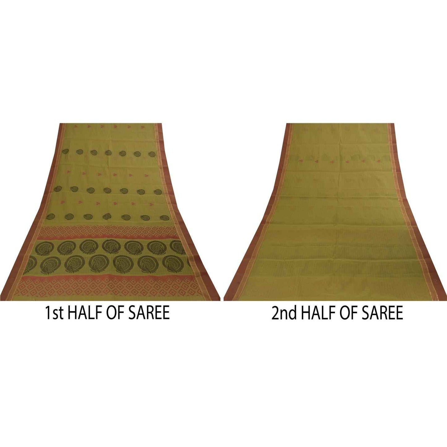 Sanskriti Vintage Sarees Green Pure Cotton Peacock Woven Sari 5+yd Craft Fabric