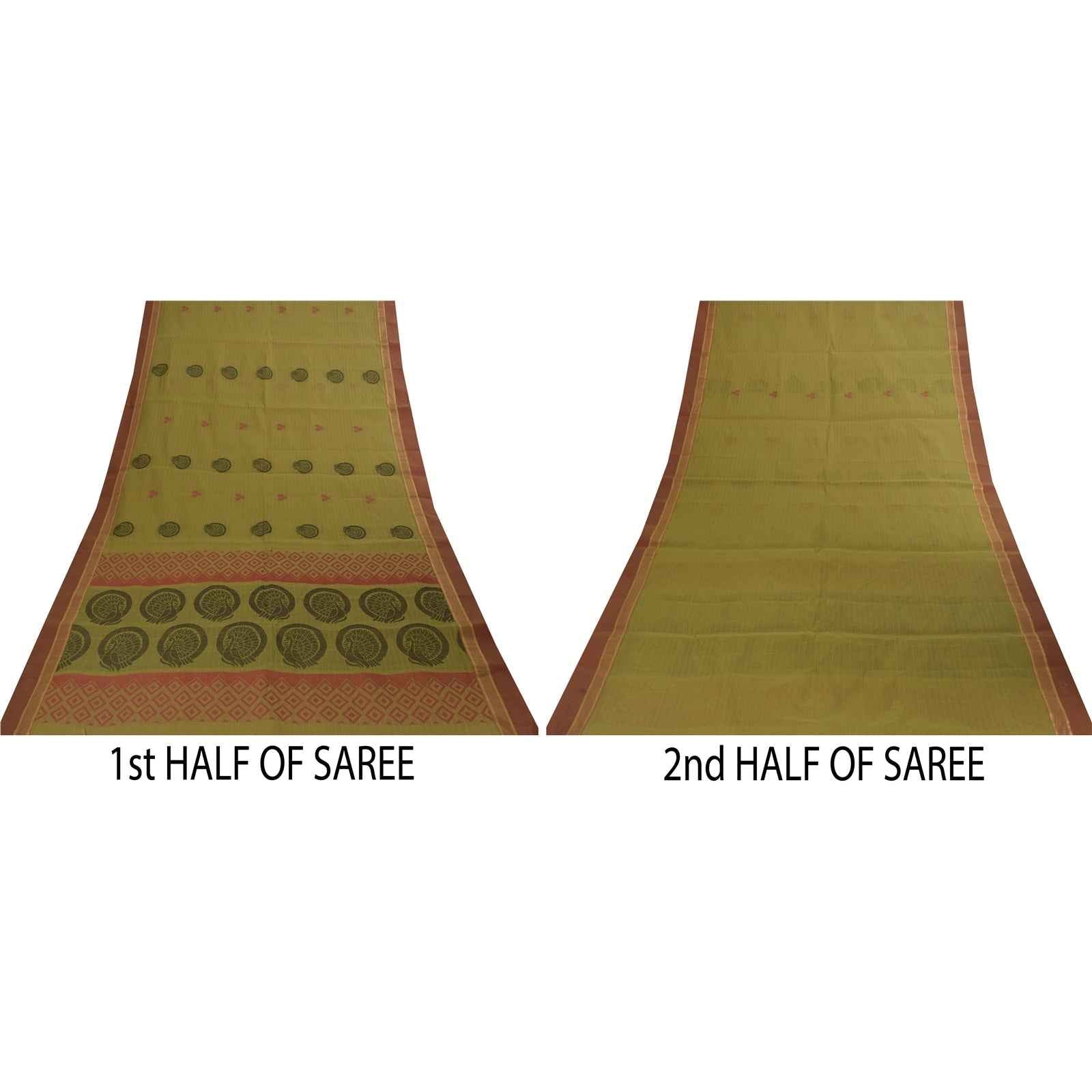 Sanskriti Vintage Sarees Green Pure Cotton Peacock Woven Sari 5+yd Craft Fabric