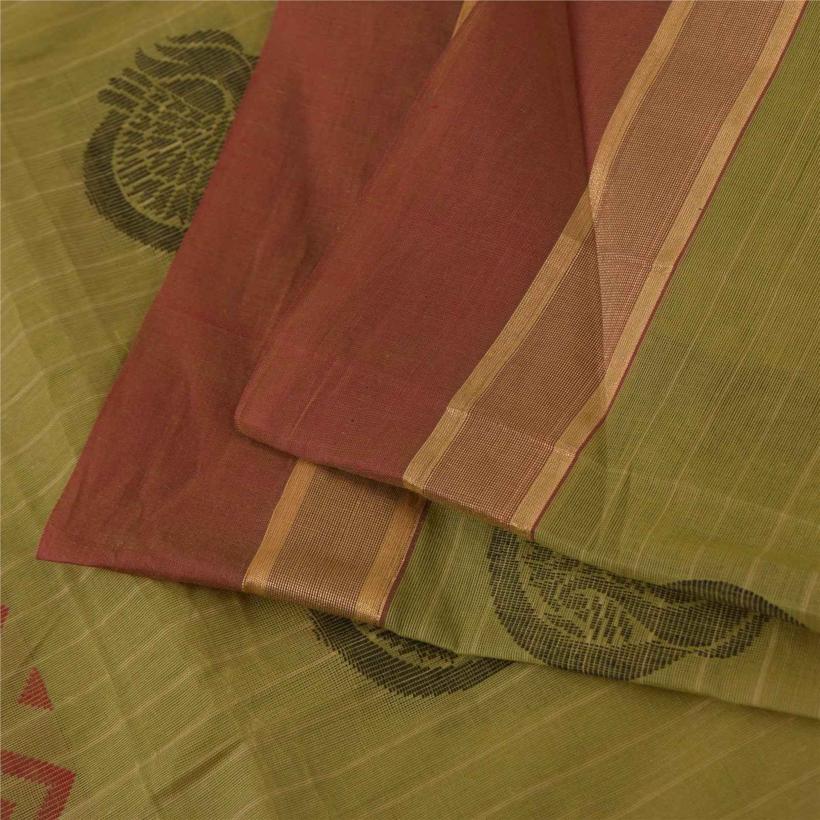 Sanskriti Vintage Sarees Green Pure Cotton Peacock Woven Sari 5+yd Craft Fabric
