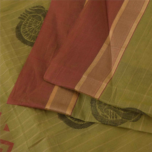 Sanskriti Vintage Sarees Green Pure Cotton Peacock Woven Sari 5+yd Craft Fabric