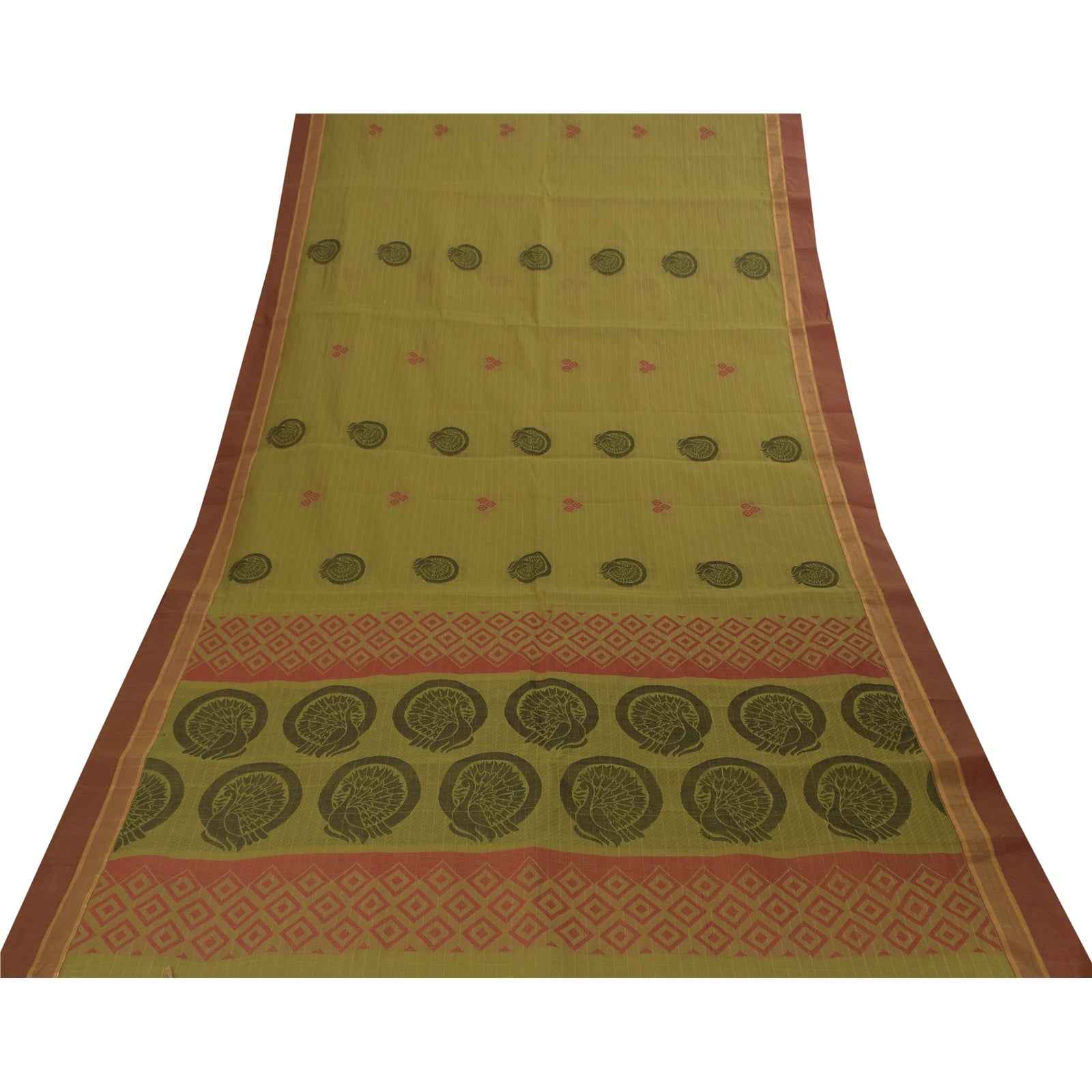 Sanskriti Vintage Sarees Green Pure Cotton Peacock Woven Sari 5+yd Craft Fabric