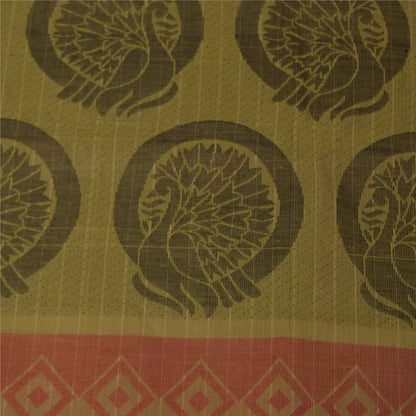 Sanskriti Vintage Sarees Green Pure Cotton Peacock Woven Sari 5+yd Craft Fabric