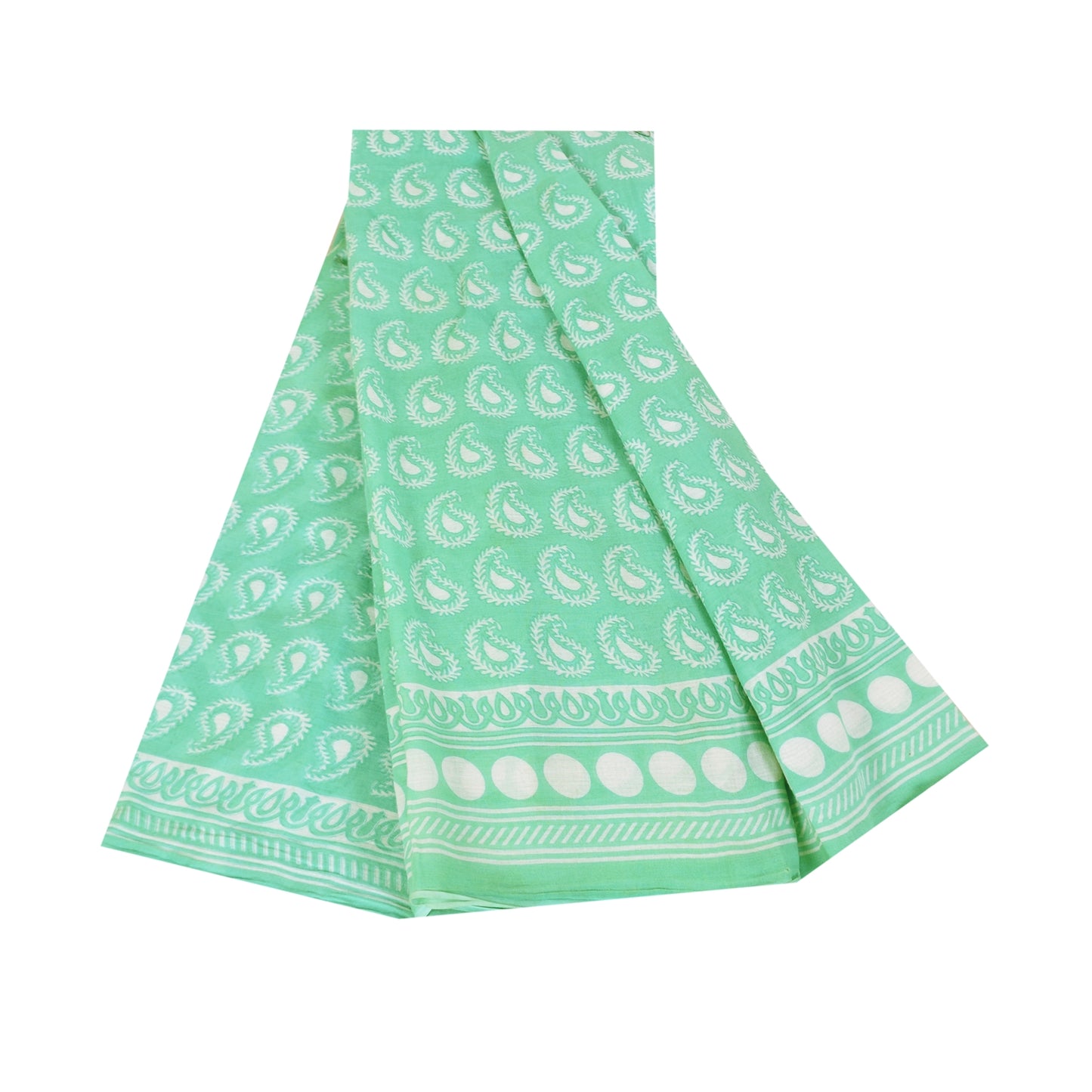 Sanskriti Vintage Sarees Indian Sea-Green Pure Cotton Printed Sari 5+yd Sustainable Fabric