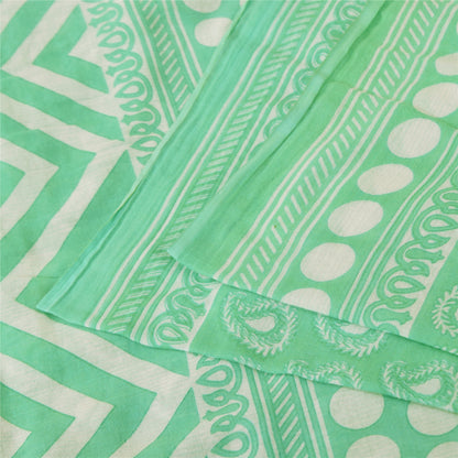 Sanskriti Vintage Sarees Indian Sea-Green Pure Cotton Printed Sari 5+yd Sustainable Fabric
