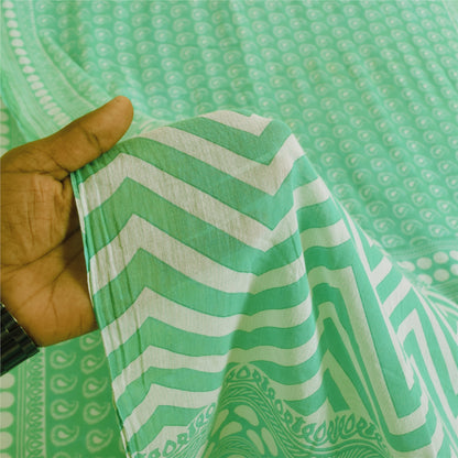 Sanskriti Vintage Sarees Indian Sea-Green Pure Cotton Printed Sari 5+yd Sustainable Fabric