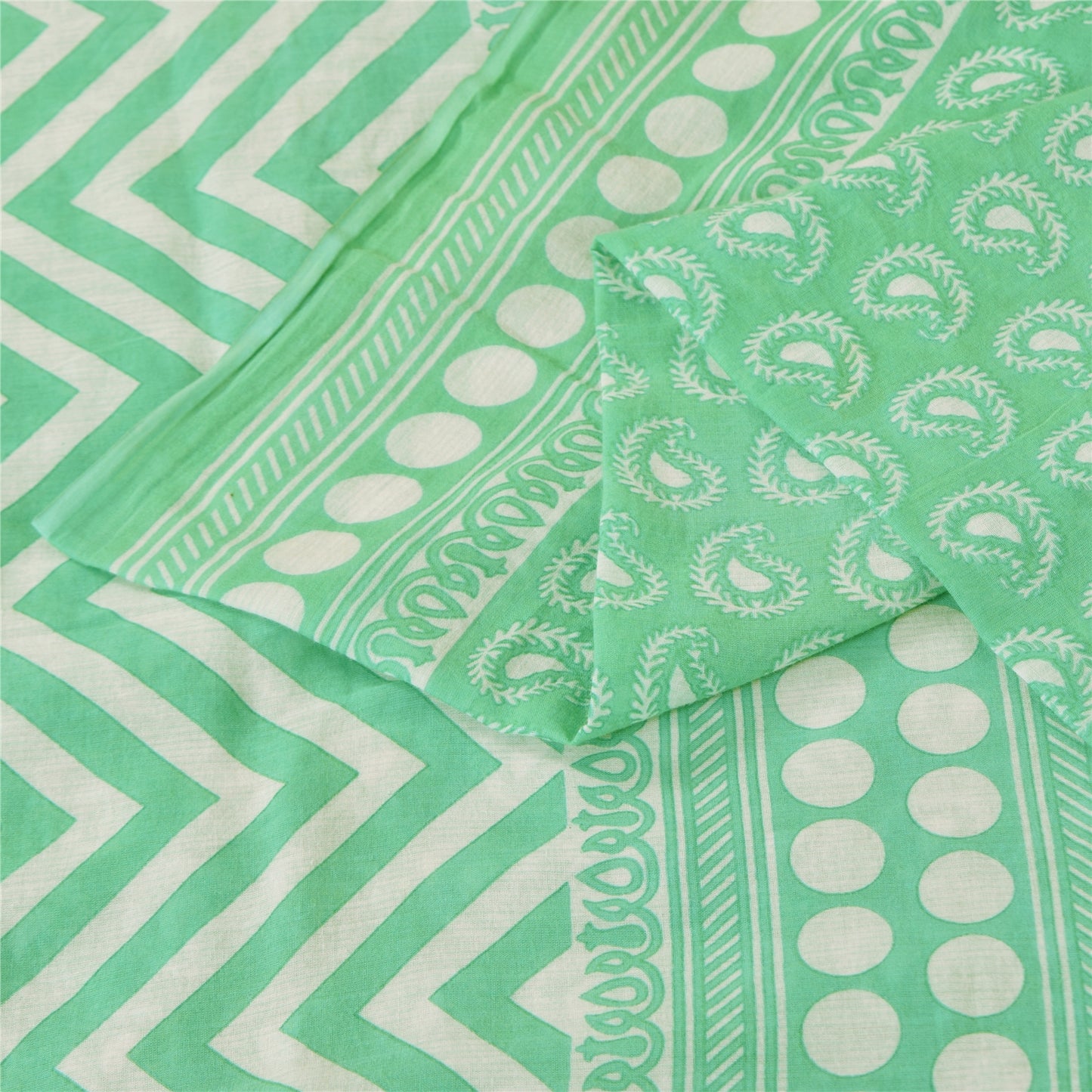 Sanskriti Vintage Sarees Indian Sea-Green Pure Cotton Printed Sari 5+yd Sustainable Fabric