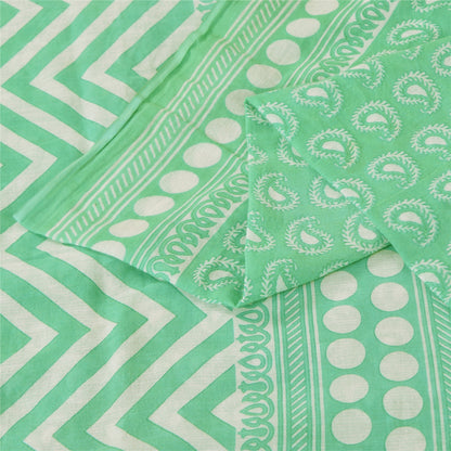 Sanskriti Vintage Sarees Indian Sea-Green Pure Cotton Printed Sari 5+yd Sustainable Fabric