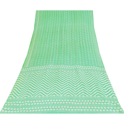 Sanskriti Vintage Sarees Indian Sea-Green Pure Cotton Printed Sari 5+yd Sustainable Fabric