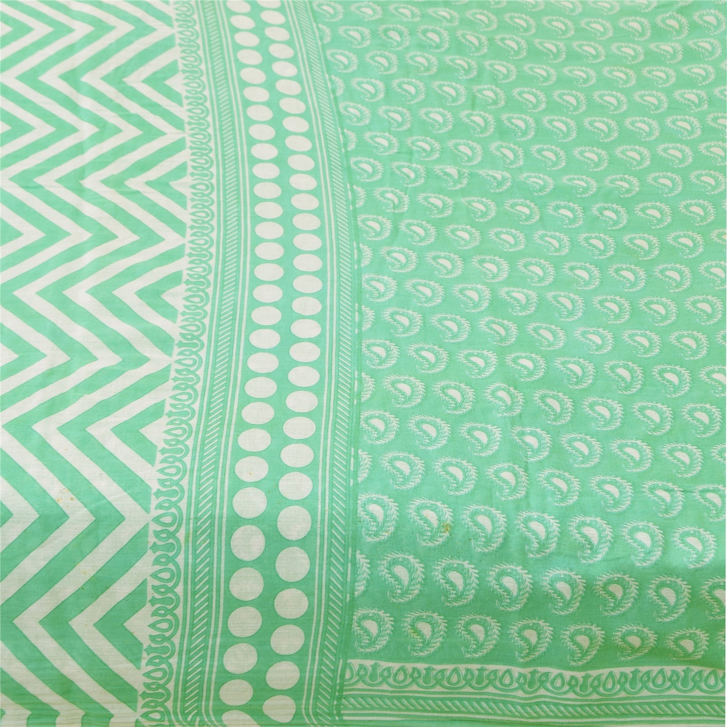 Sanskriti Vintage Sarees Indian Sea-Green Pure Cotton Printed Sari 5+yd Sustainable Fabric