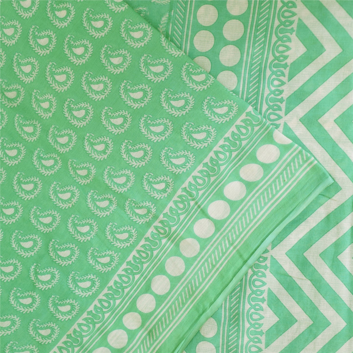 Sanskriti Vintage Sarees Indian Sea-Green Pure Cotton Printed Sari 5+yd Sustainable Fabric