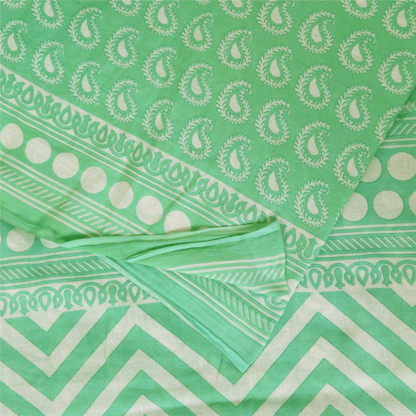 Sanskriti Vintage Sarees Indian Sea-Green Pure Cotton Printed Sari 5+yd Sustainable Fabric