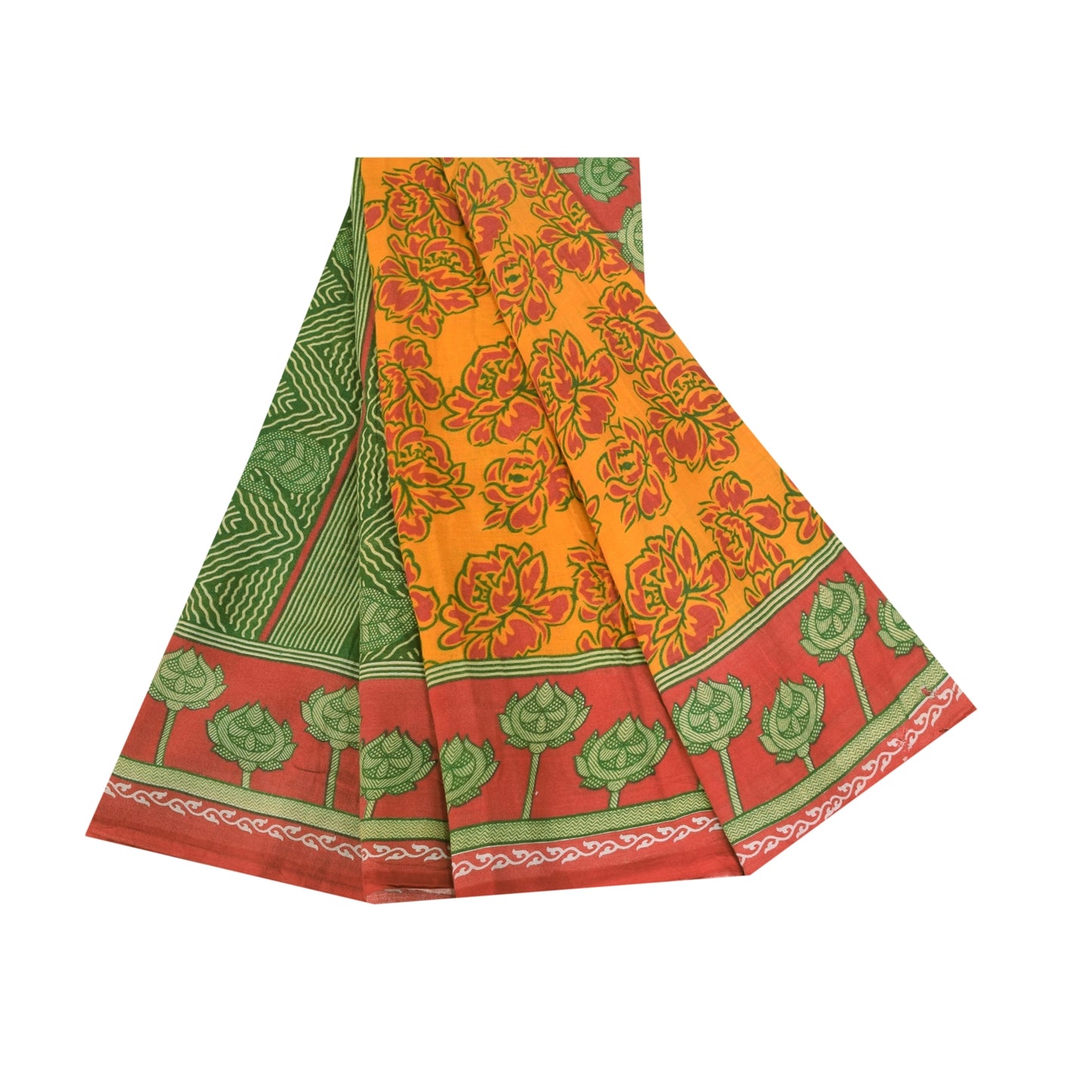 Sanskriti Vintage Sarees Yellow 100% Pure Cotton Printed Sari 5+yd Craft Sustainable Fabric