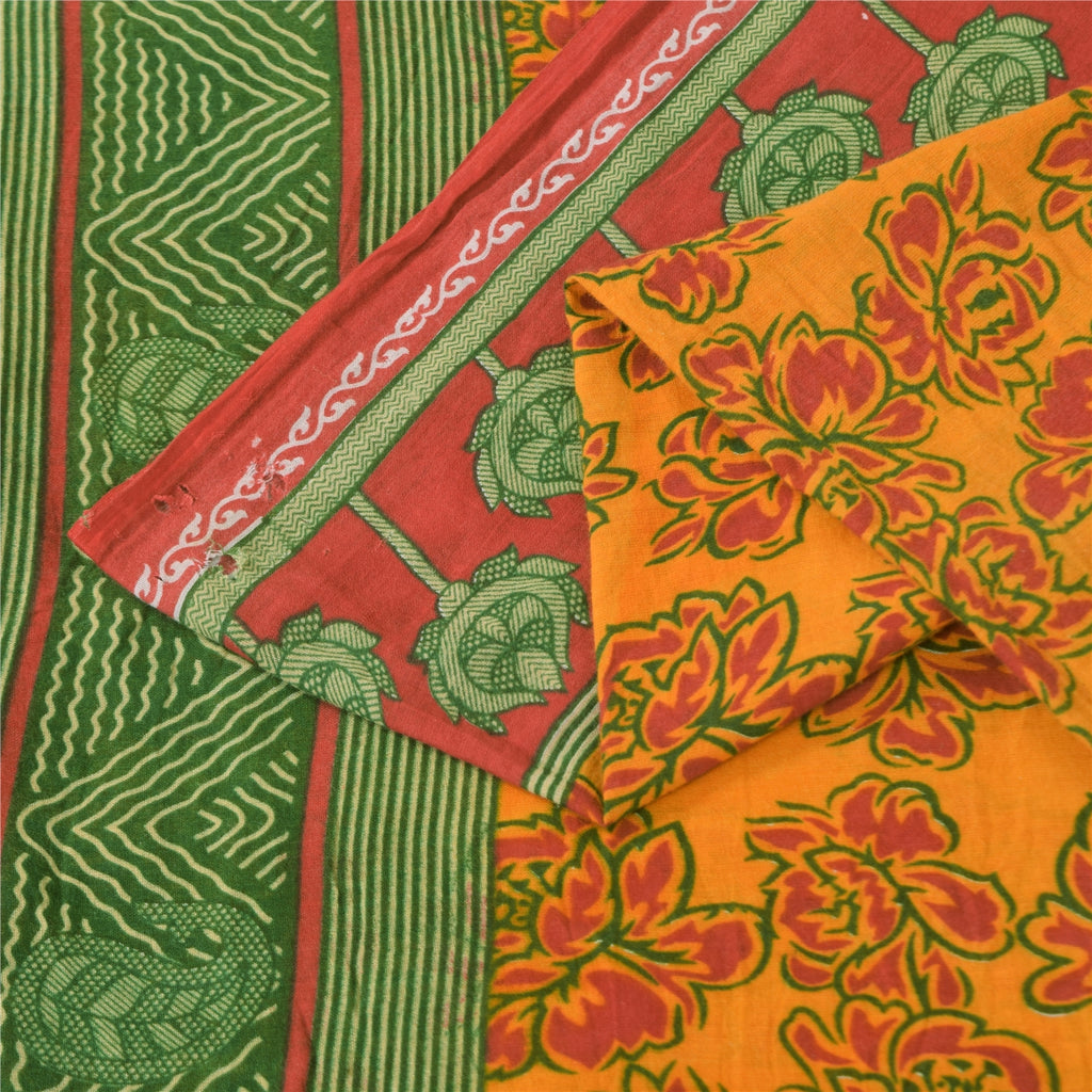 Sanskriti Vintage Sarees Yellow 100% Pure Cotton Printed Sari 5+yd Craft Sustainable Fabric