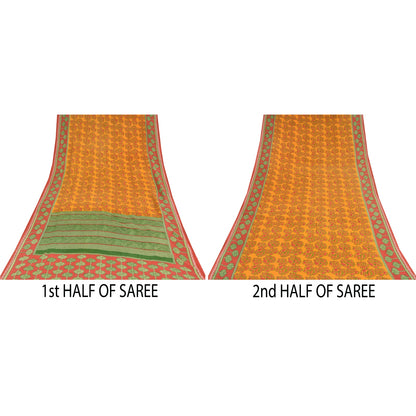 Sanskriti Vintage Sarees Yellow 100% Pure Cotton Printed Sari 5+yd Craft Sustainable Fabric