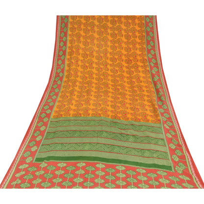 Sanskriti Vintage Sarees Yellow 100% Pure Cotton Printed Sari 5+yd Craft Sustainable Fabric