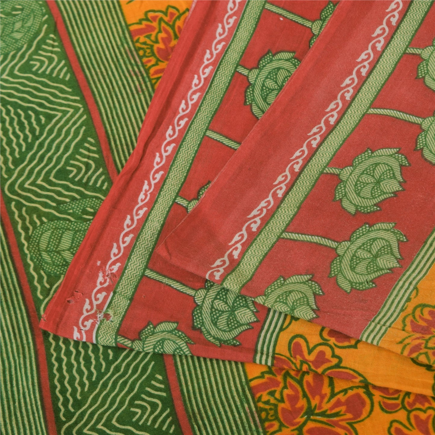 Sanskriti Vintage Sarees Yellow 100% Pure Cotton Printed Sari 5+yd Craft Sustainable Fabric